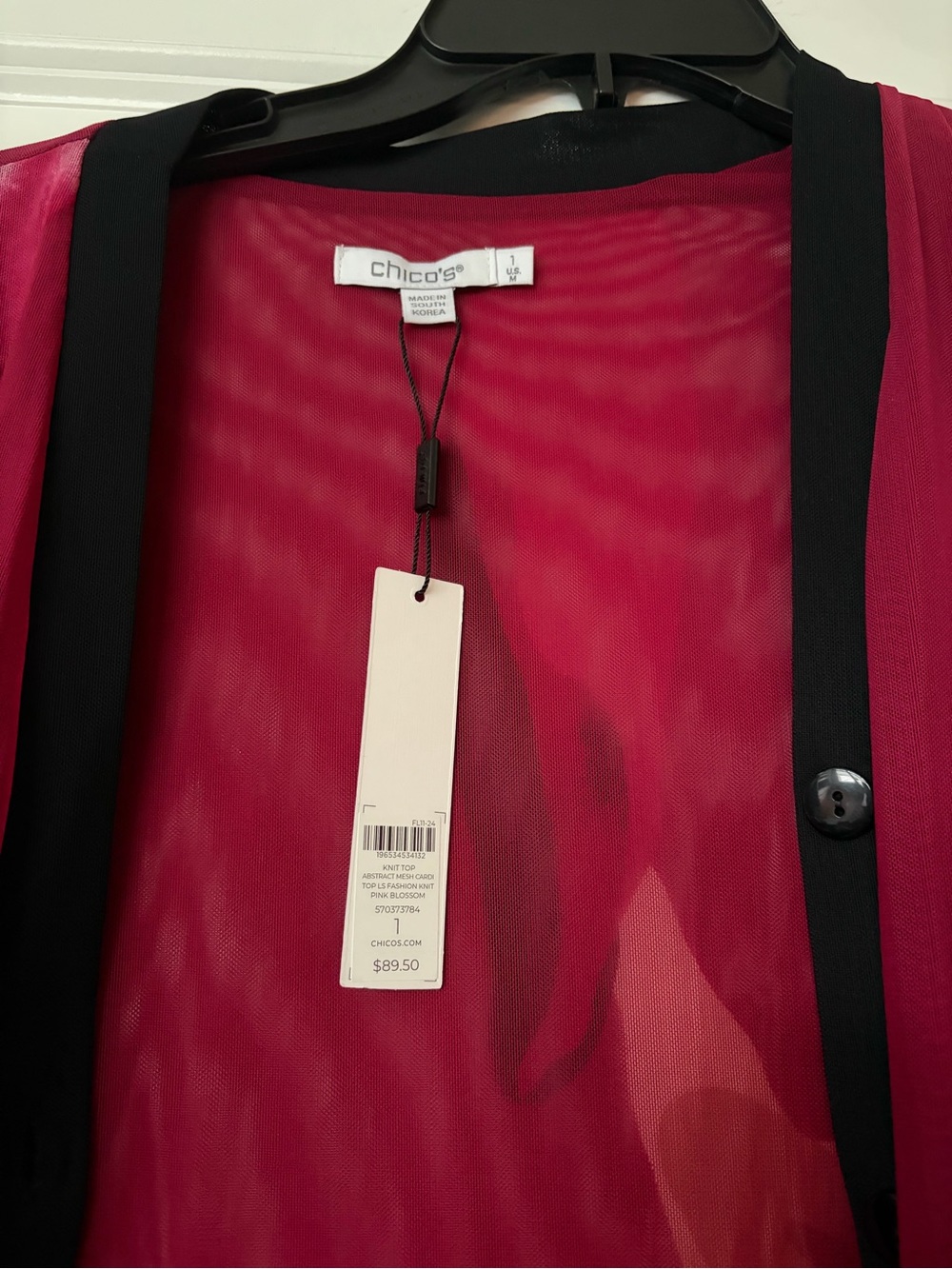 Chico's Magenta Floral Sheer Open Cardigan with Black Trim - Picture 2 of 3